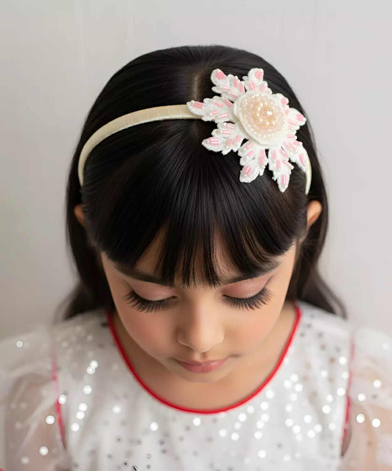 Christmas Floral Hand Embroidered Beaded Hairband For Girls- Pink & White