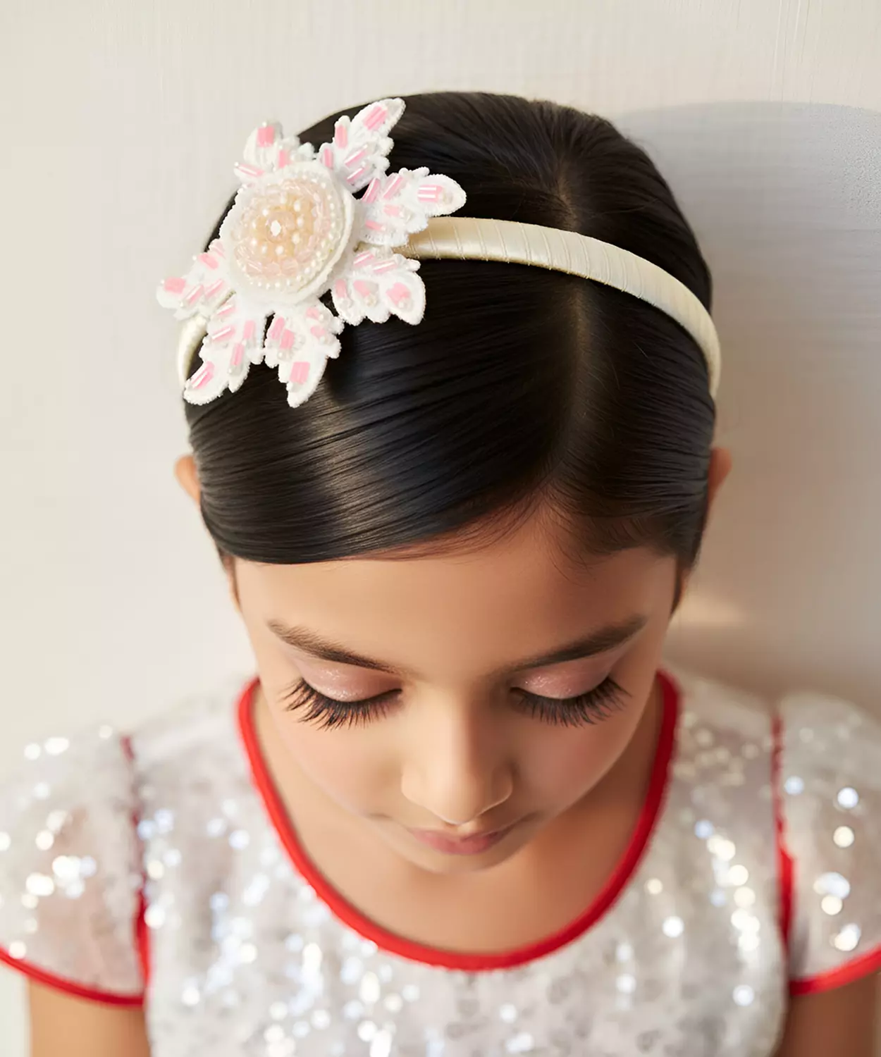 Christmas Floral Hand Embroidered Beaded Hairband For Girls- Pink & White