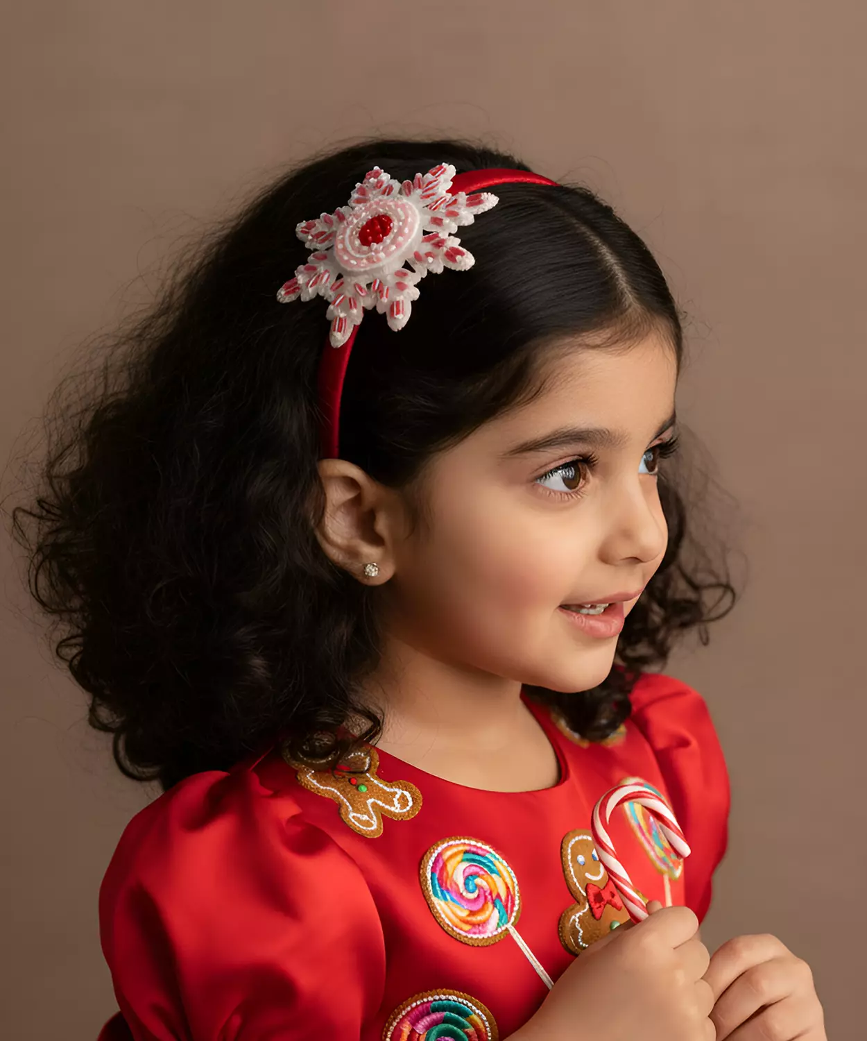 Christmas Floral Hand Embroidered Beaded Hairband For Girls- Red & White