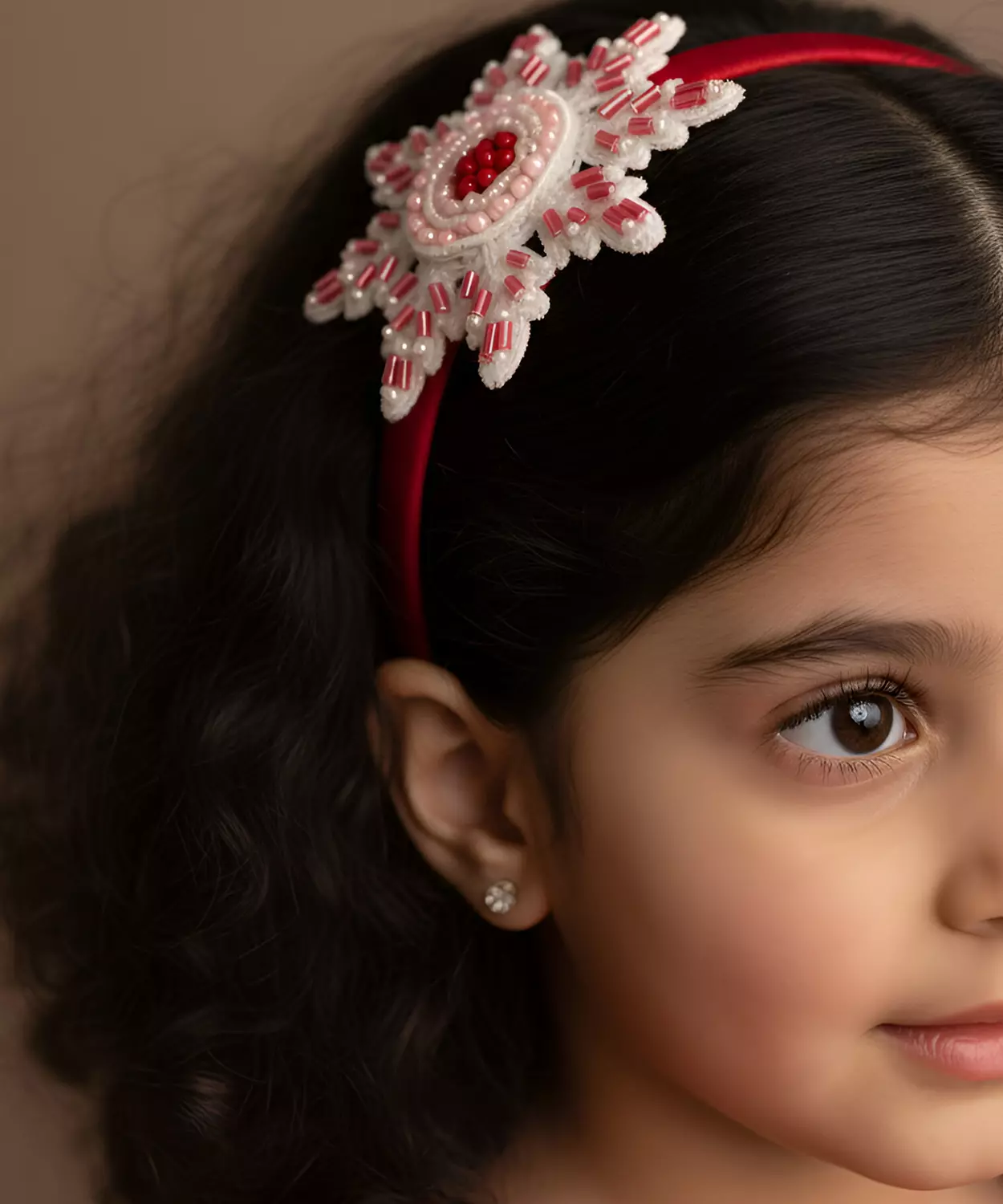 Christmas Floral Hand Embroidered Beaded Hairband For Girls- Red & White