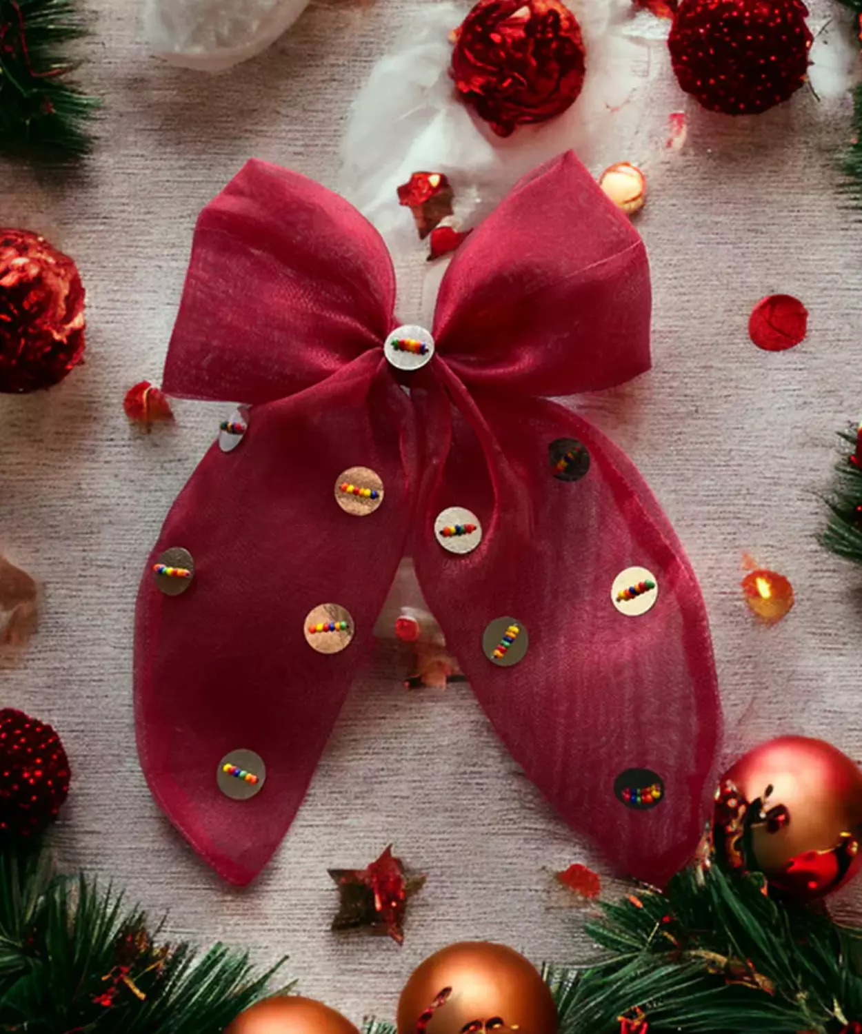 Christmas Organza Bow Hair Clip In Santa Red & Silver