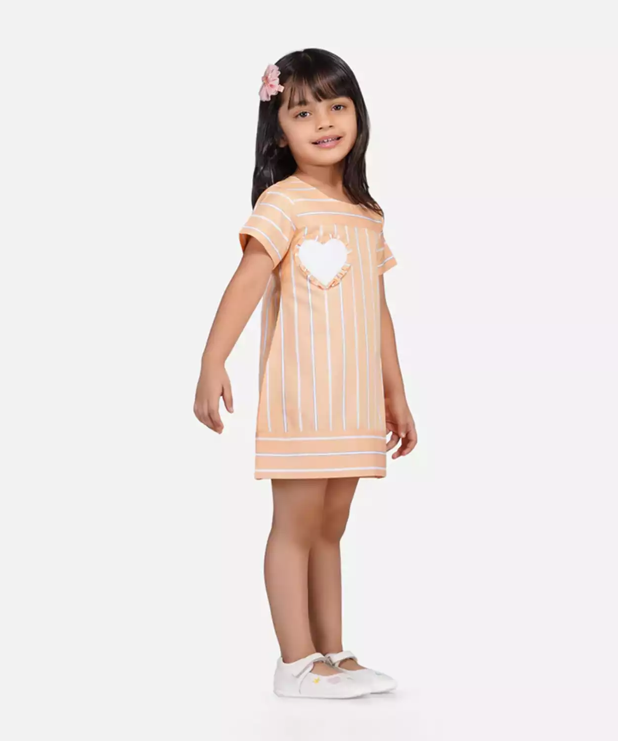 Girls White Heart Striped Dress