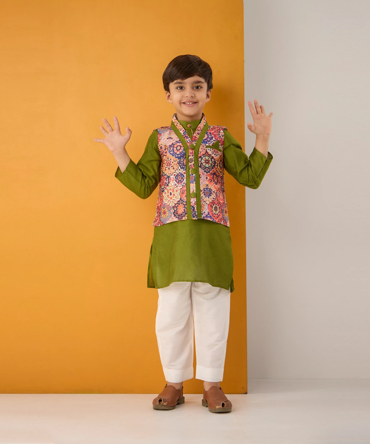 Green Kurta With Multicolour Jacket Set