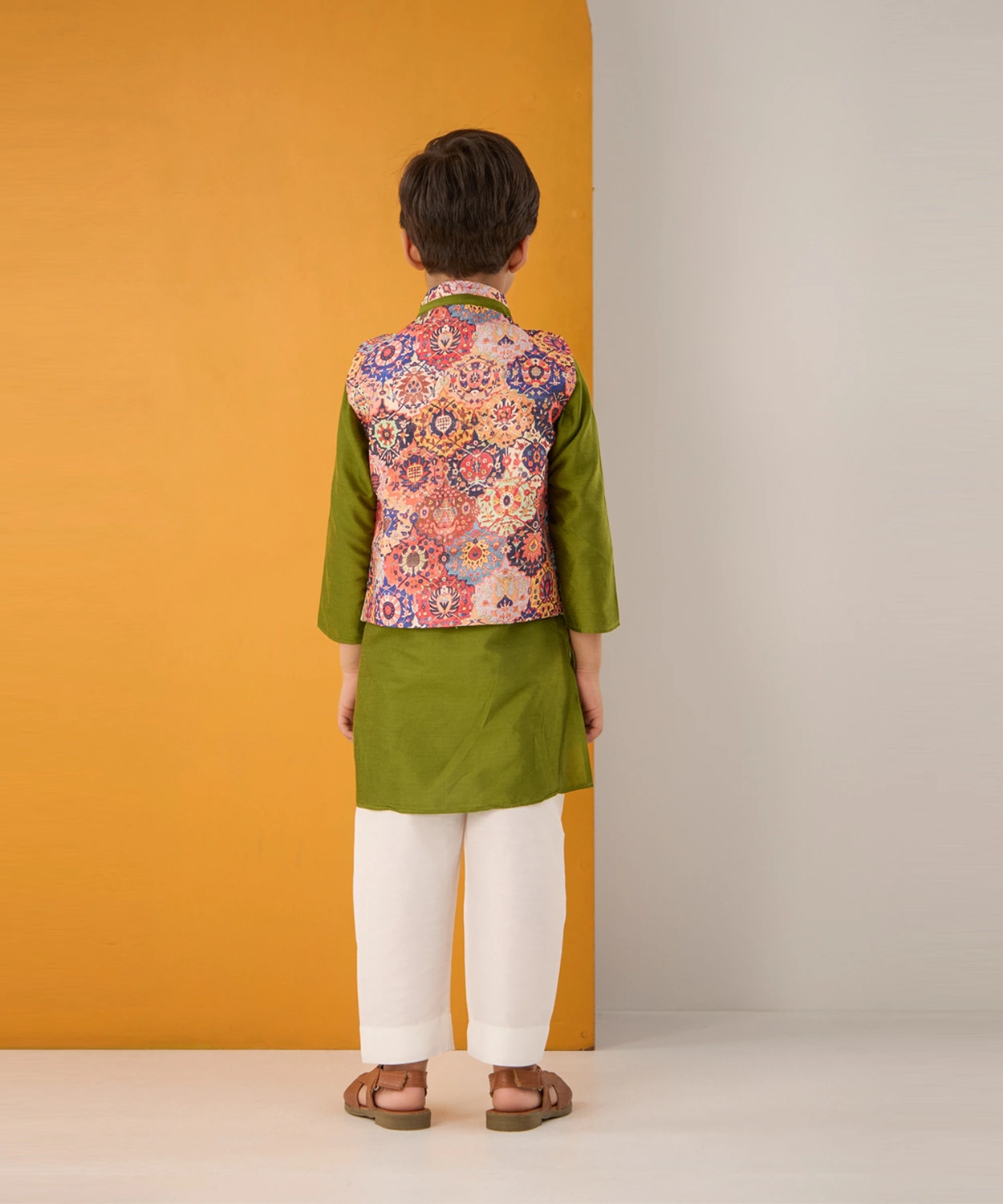 Green Kurta With Multicolour Jacket Set