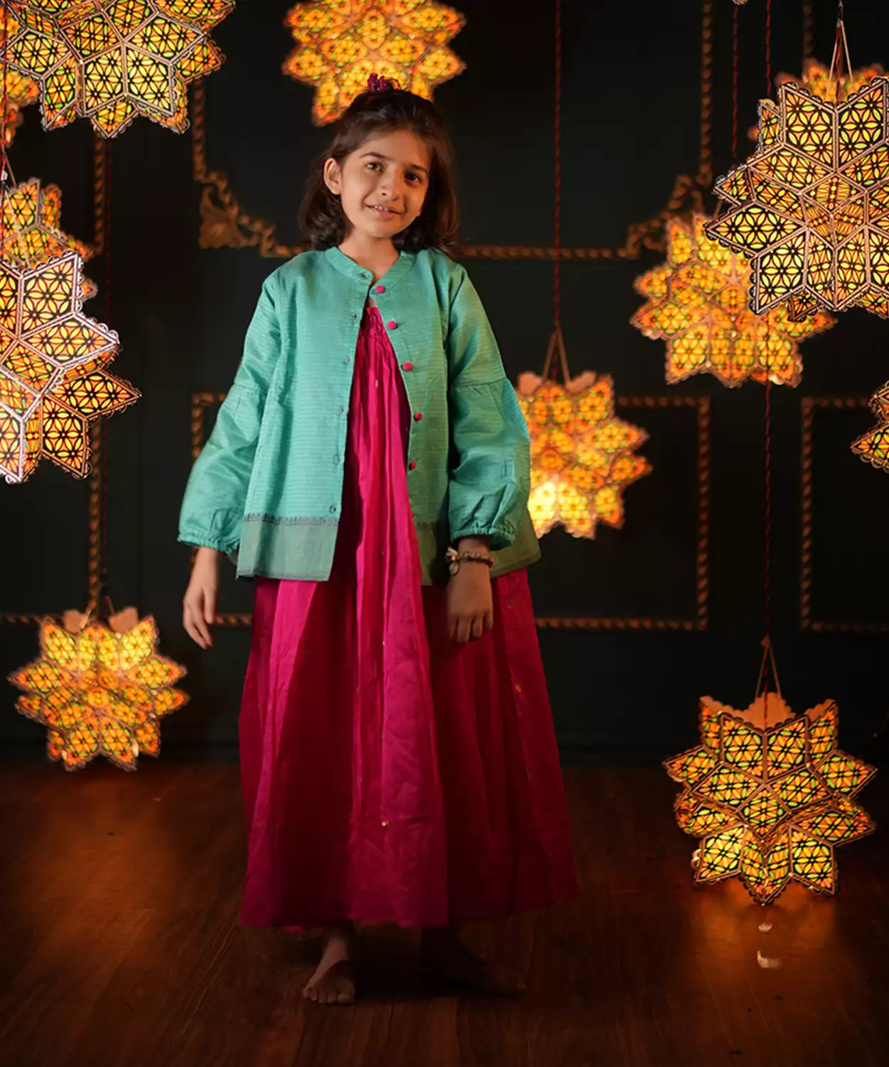 Dahlia Girls Ethnic Kedia Jacket Top In Teal Handwoven Cotton Silk