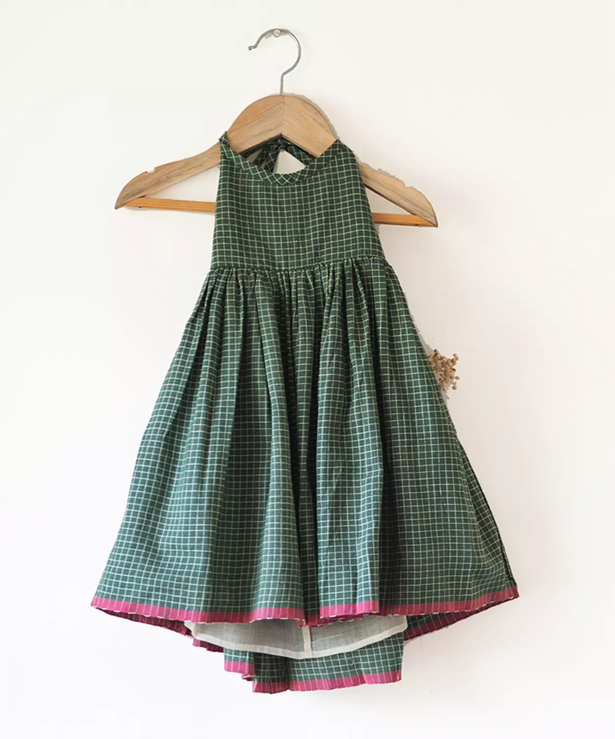 Bloom Handmade Green Checkered Halter Neck Girls Dress
