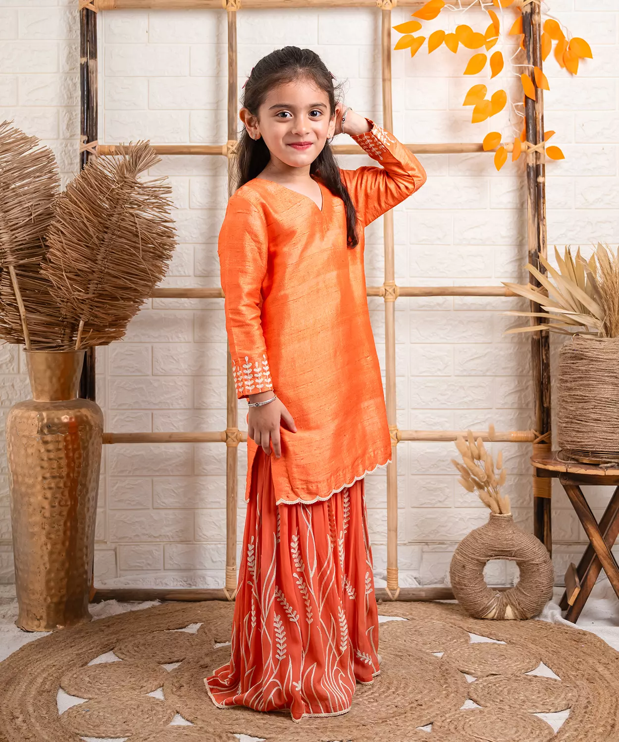 Orange Raw Silk Gharara Set