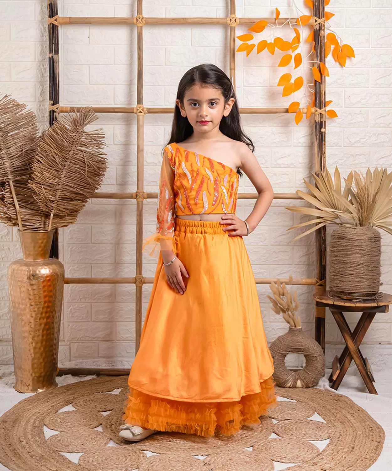 Orange Net & Satin Embellished Lehenga Set