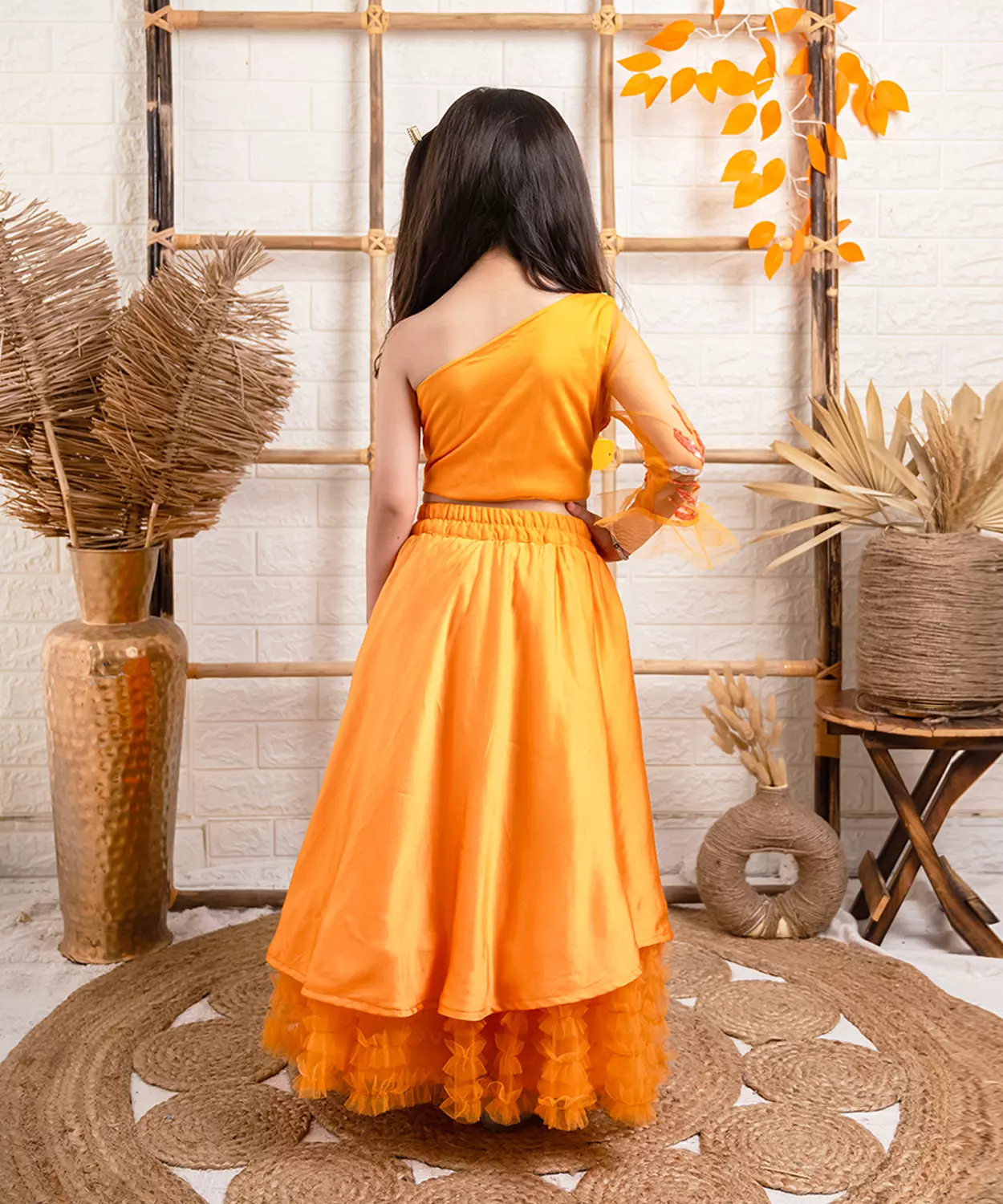 Orange Net & Satin Embellished Lehenga Set