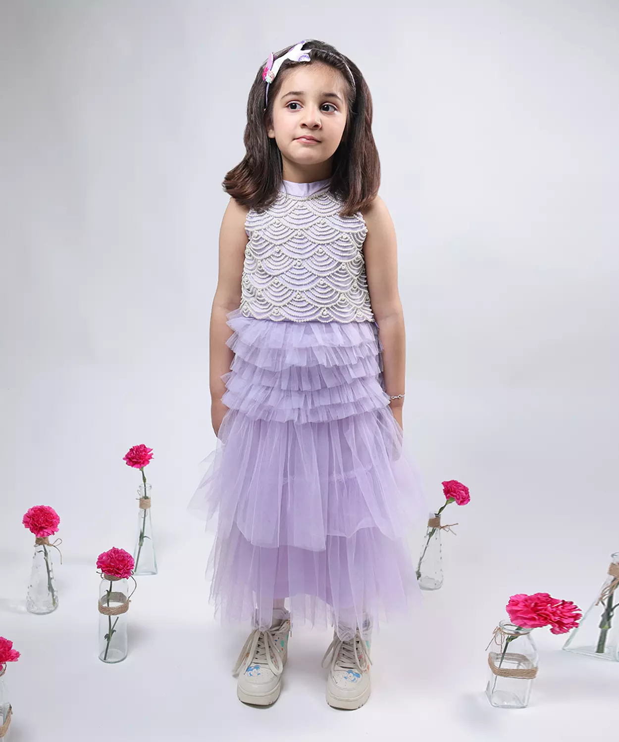 Lilac Net Embellished Lehenga Set