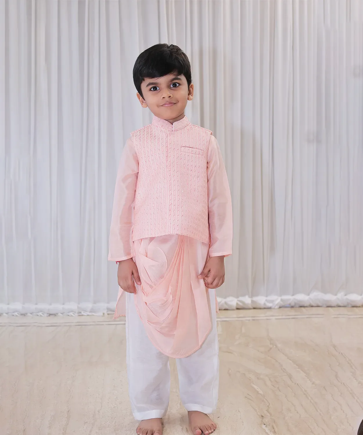 Peach Nehru Jacket Set With Drape Kurta Pajama