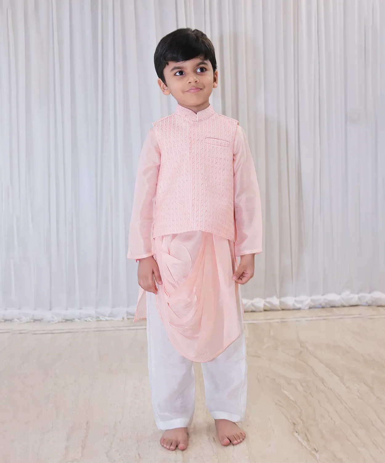 Peach Nehru Jacket Set With Drape Kurta Pajama