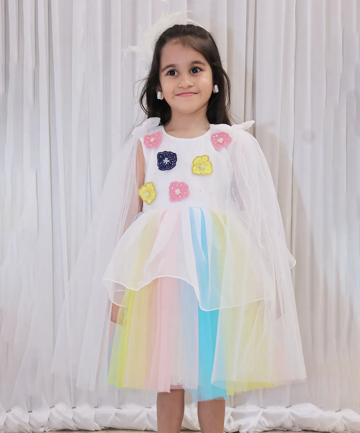 Rainbow Tulle Party Frock With Floral Embellishments