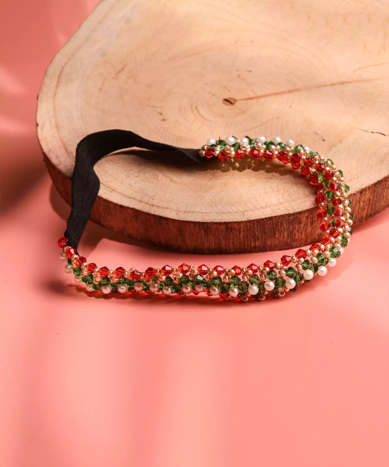 Beaded Headband with Tricolour Beads & Pearl Accents