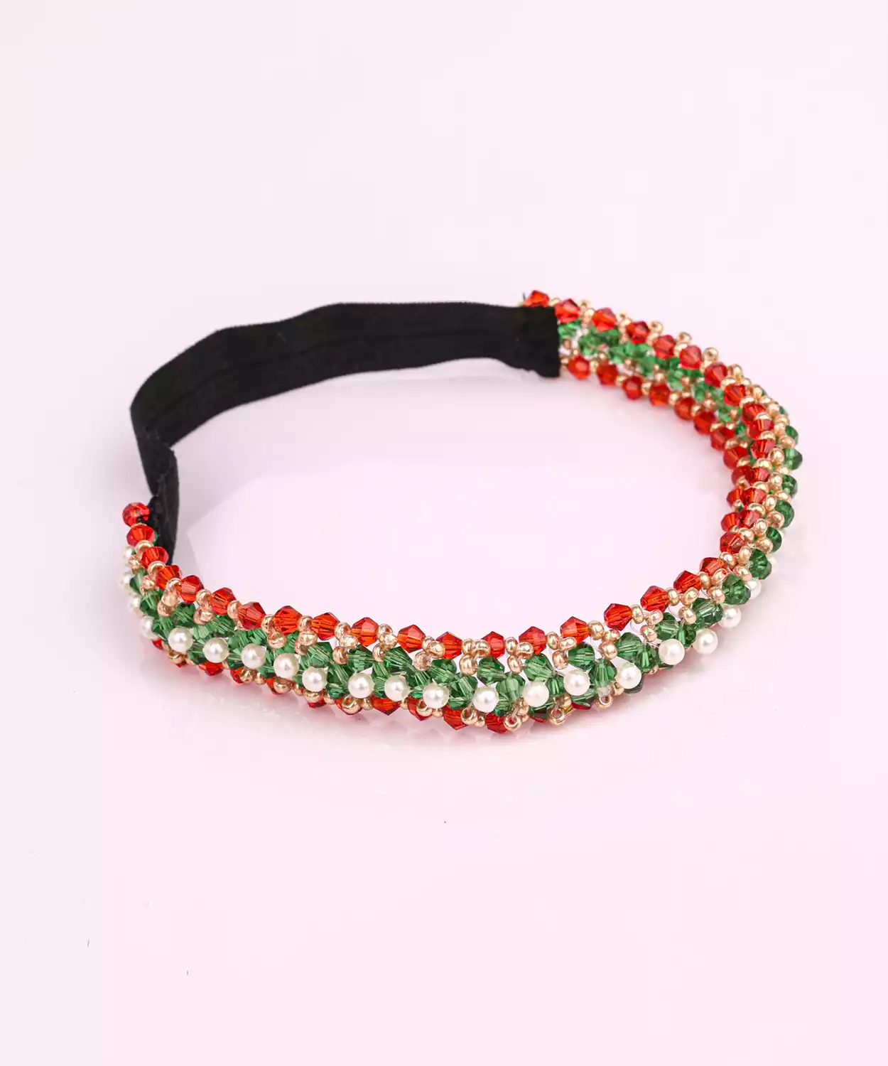 Beaded Headband with Tricolour Beads & Pearl Accents