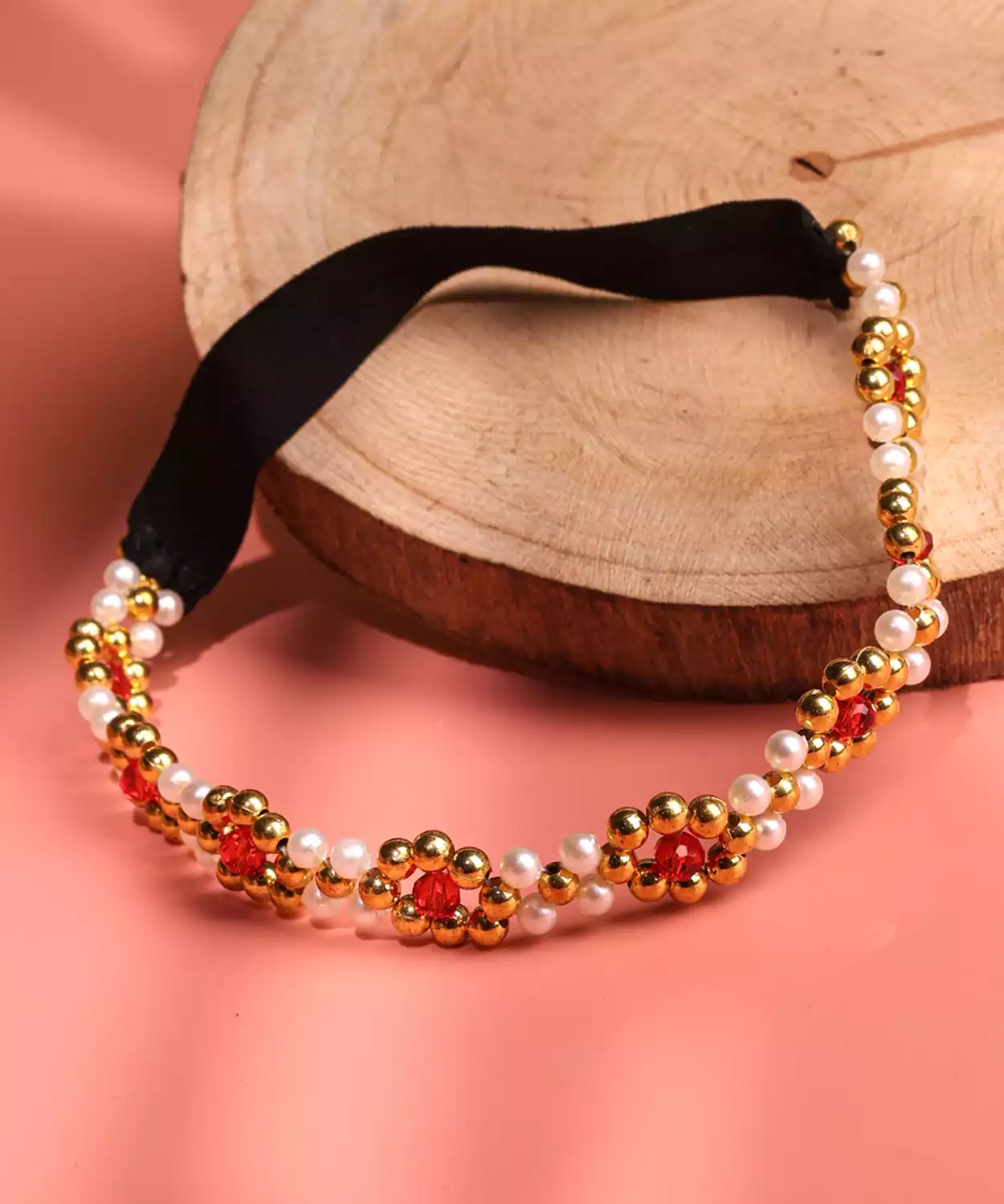 Beaded Headband with Golden Beads & Crystal Flowers -Red, Golden, White