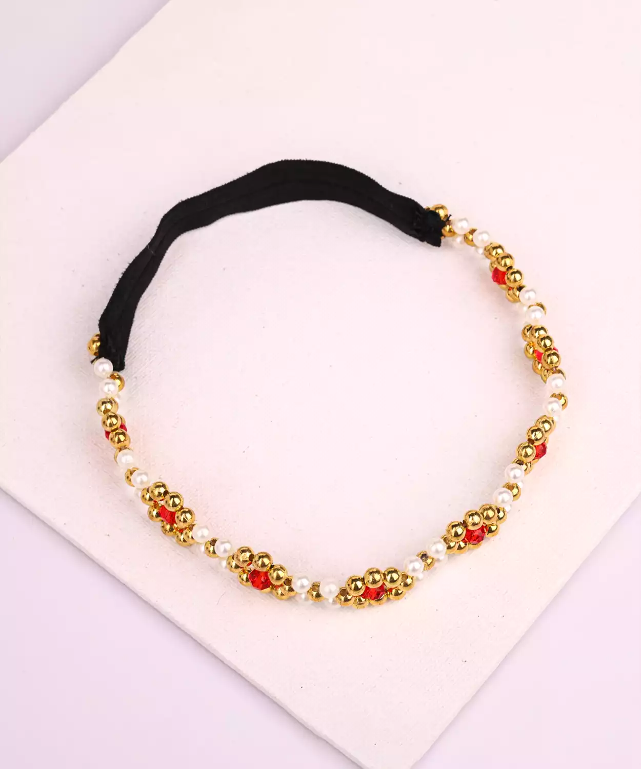 Beaded Headband with Golden Beads & Crystal Flowers -Red, Golden, White