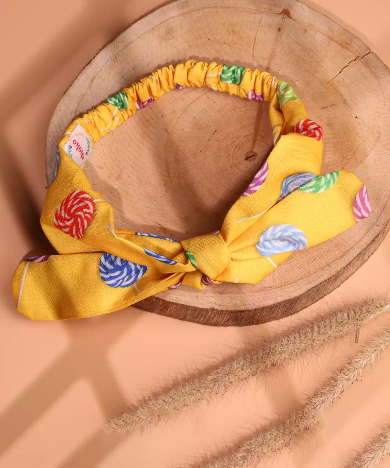 Fabric Headband with Lollipop Print & Knot Tie -Candy Theme- Yellow