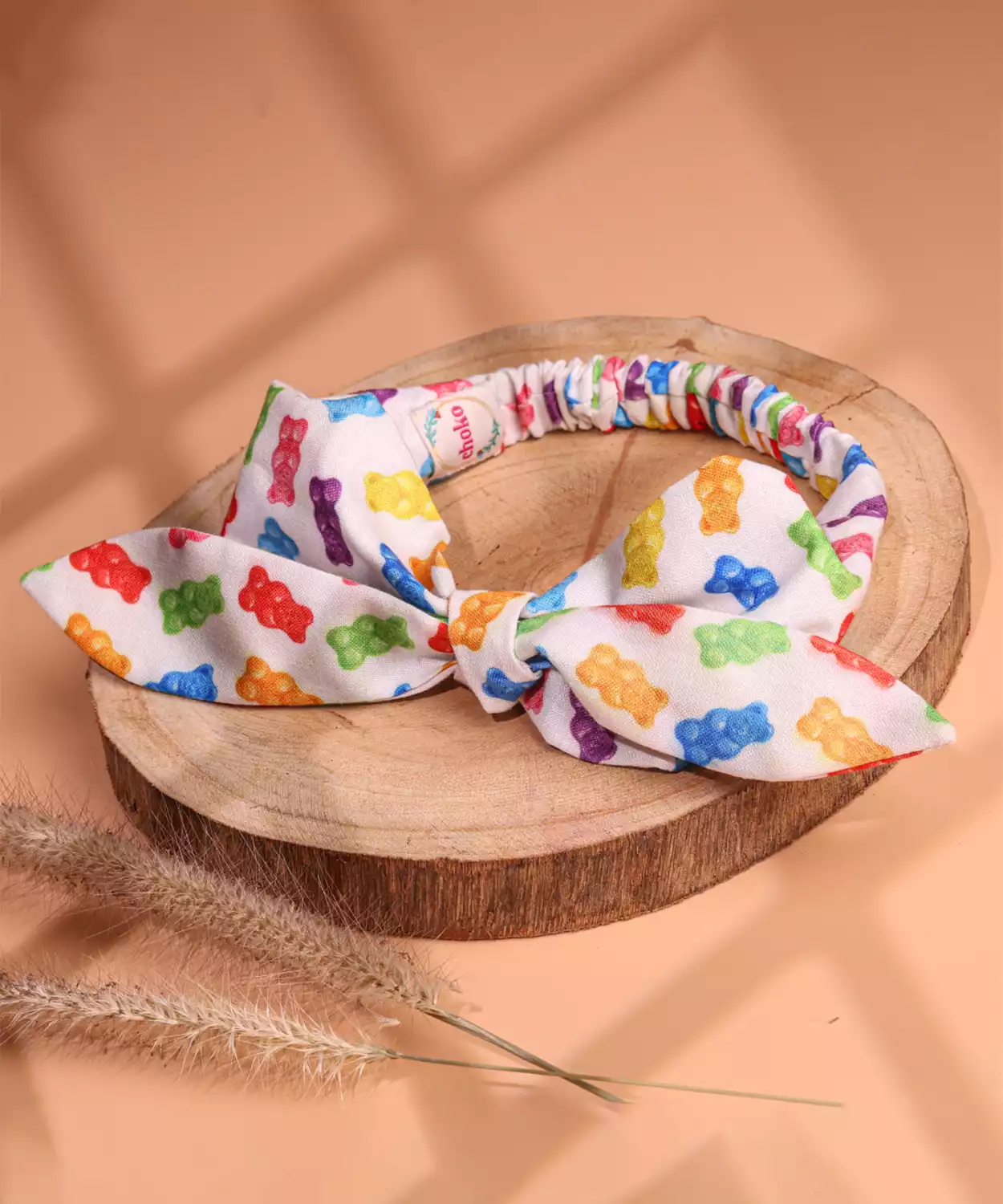 Fabric Headband with Gummy Bear Print & Knot Tie -Candy Theme- White, Multicolor