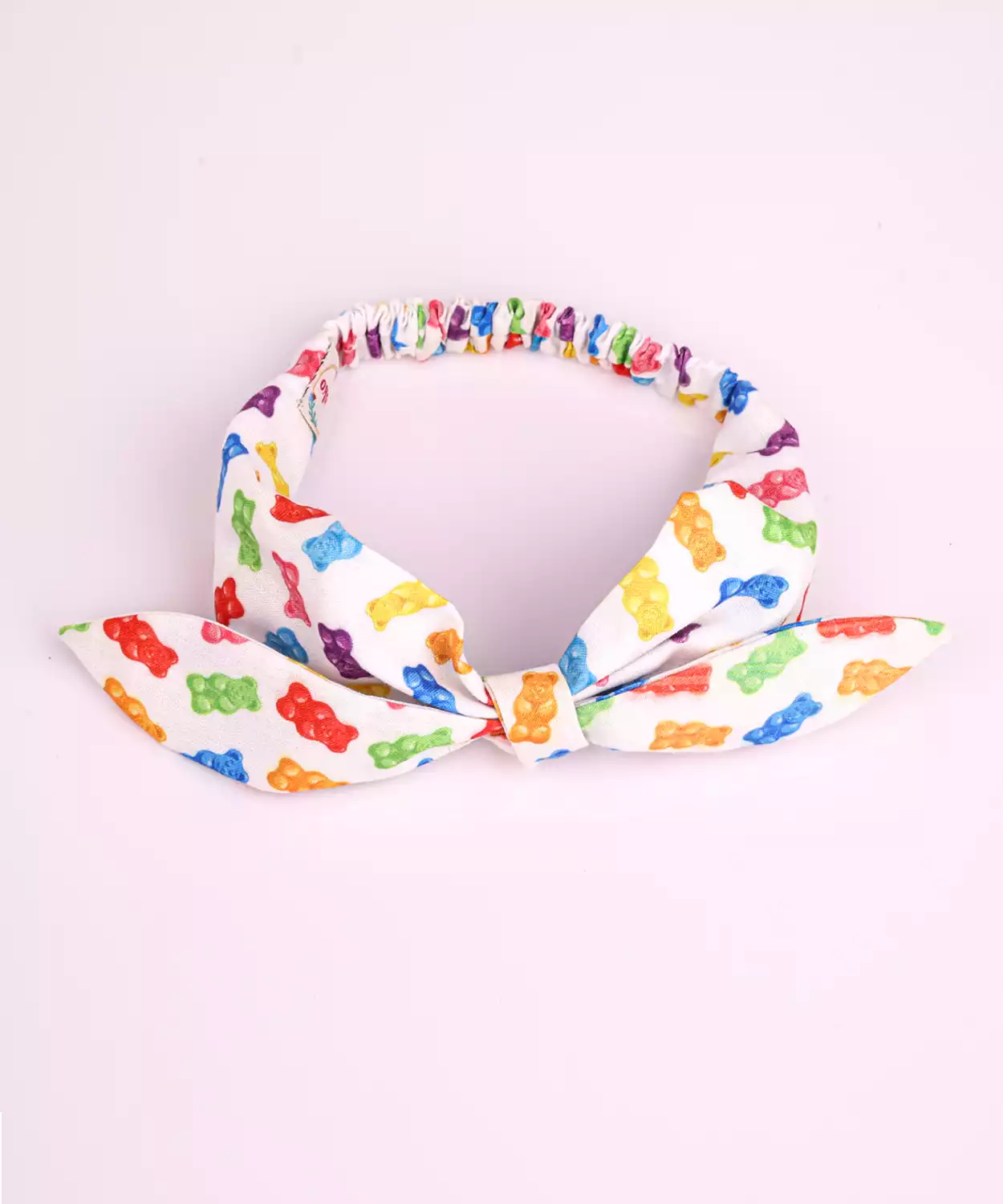 Fabric Headband with Gummy Bear Print & Knot Tie -Candy Theme- White, Multicolor