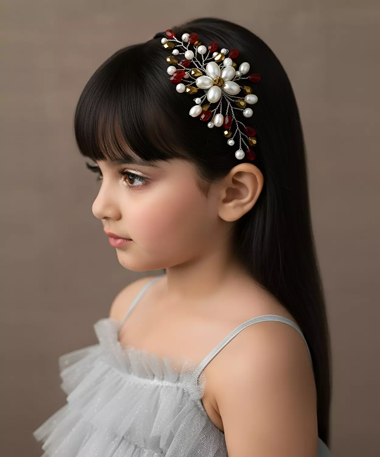 Pearl & Beaded Christmas Floral Hairband For Girls - Red, White & Gold