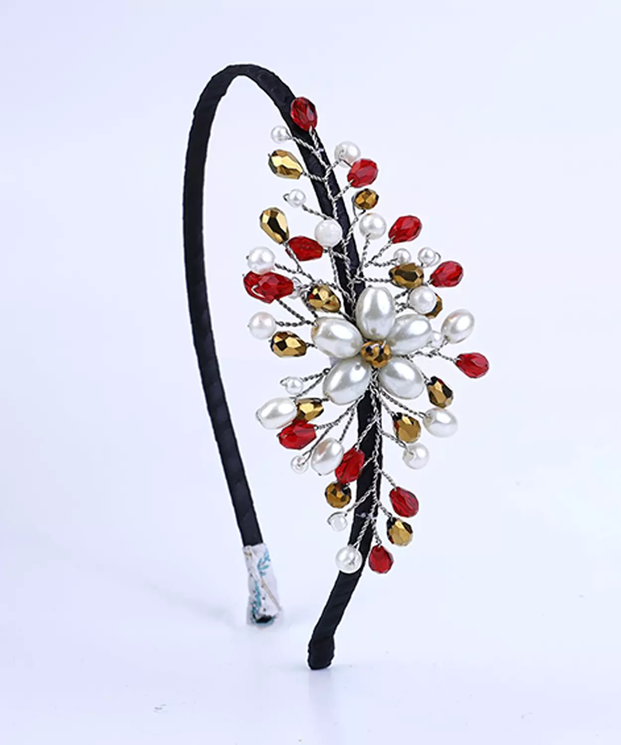 Pearl & Beaded Christmas Floral Hairband For Girls - Red, White & Gold