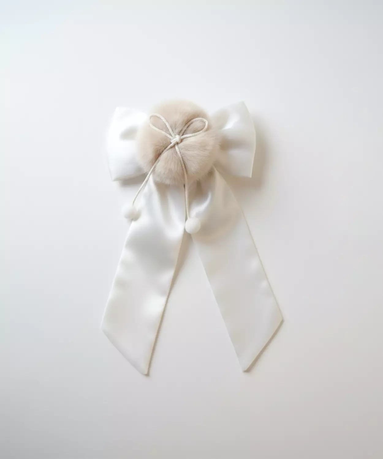 White Satin Bow With Fur Pom Detail Christmas Hairclip - White