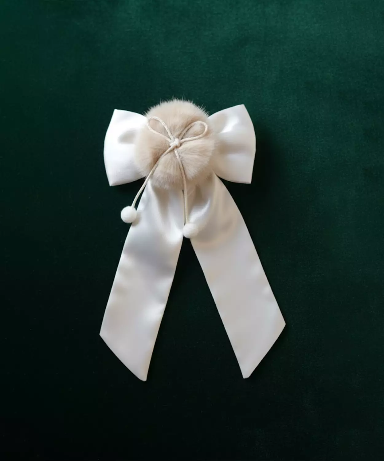 White Satin Bow With Fur Pom Detail Christmas Hairclip - White