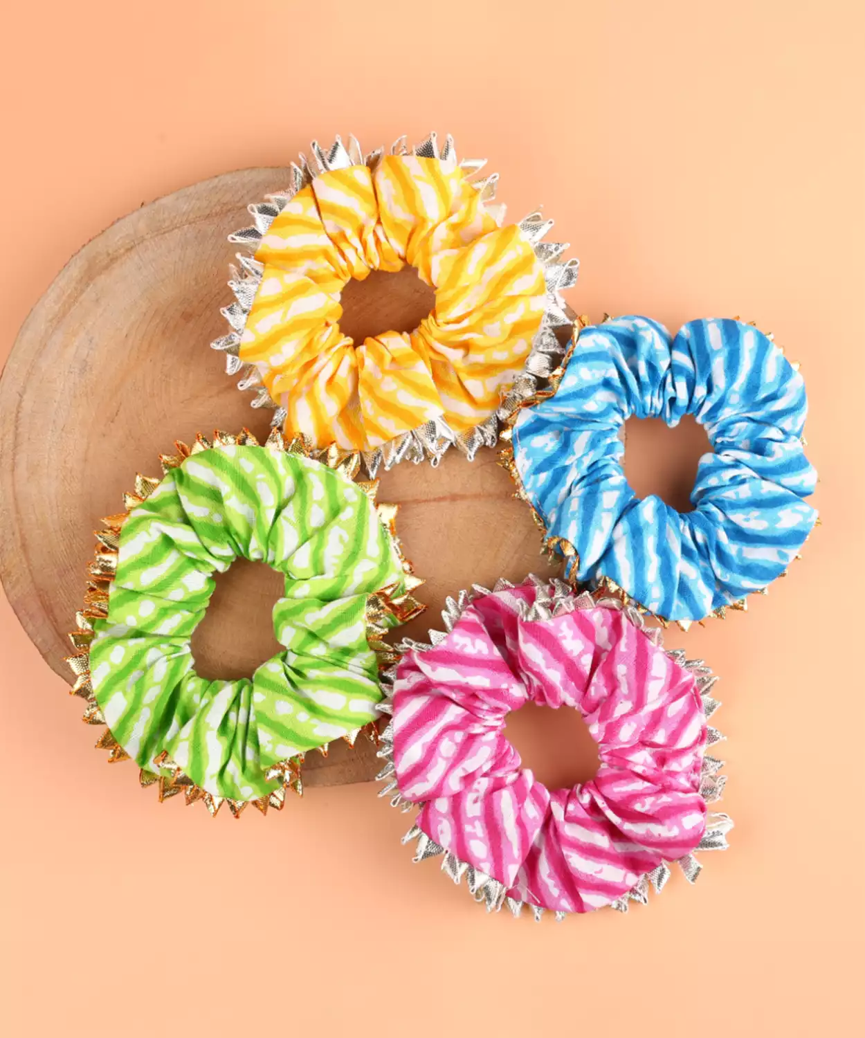 4-Pack Bandhani Print Scrunchies with Metallic Trim - Pink, Green,Yellow