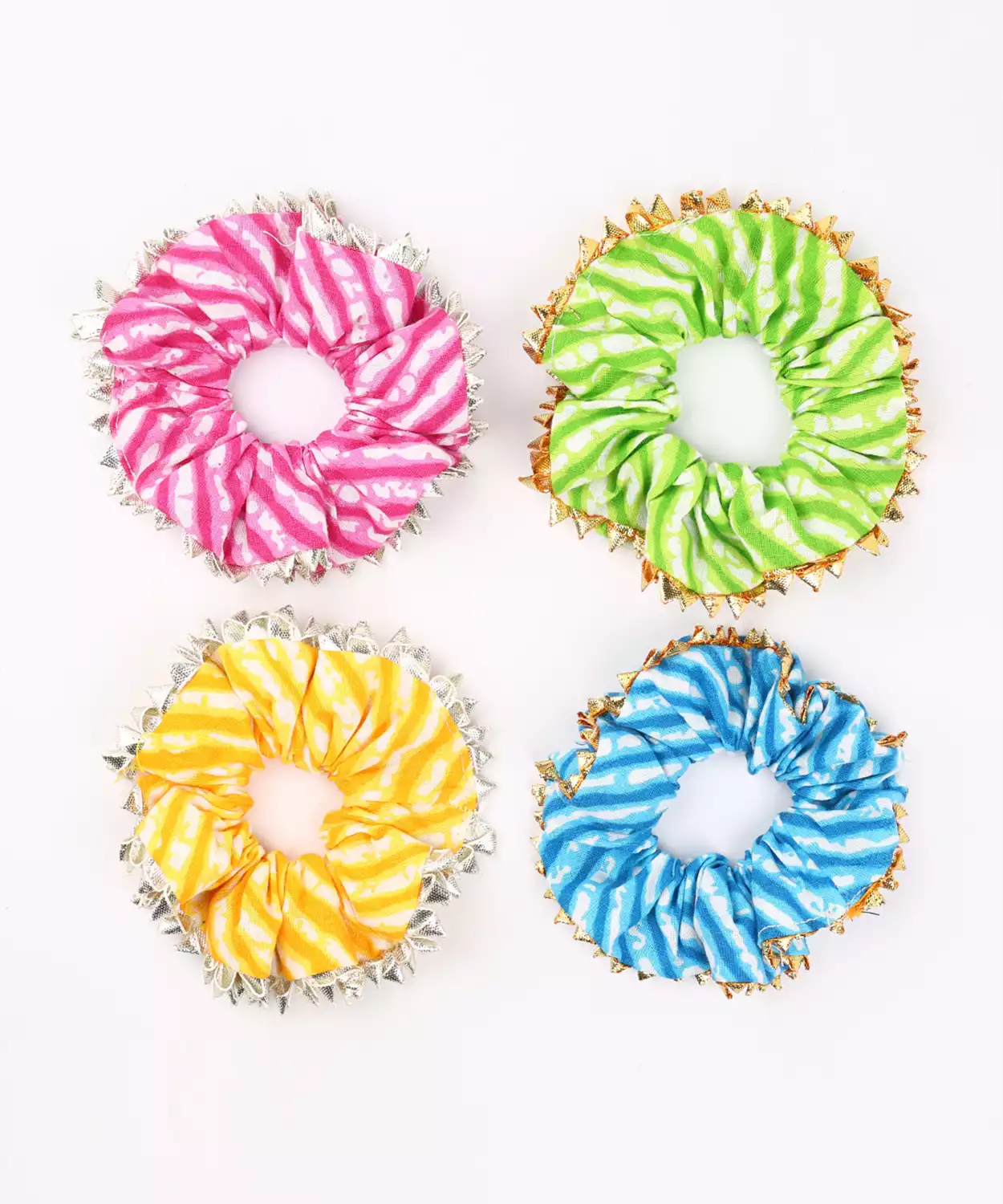 4-Pack Bandhani Print Scrunchies with Metallic Trim - Pink, Green,Yellow