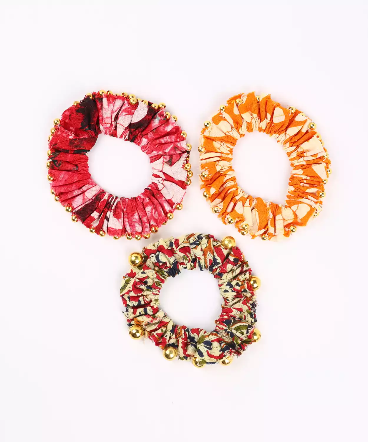 Set of 3 Printed Scrunchies with Golden Bead for Festive - Red, Orange, Cream