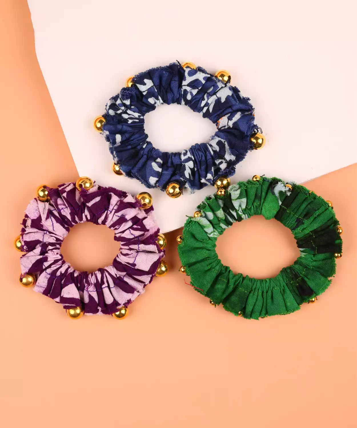 Set of 3 Scrunchies with Golden Bead for Festive -Green, Purple, Blue