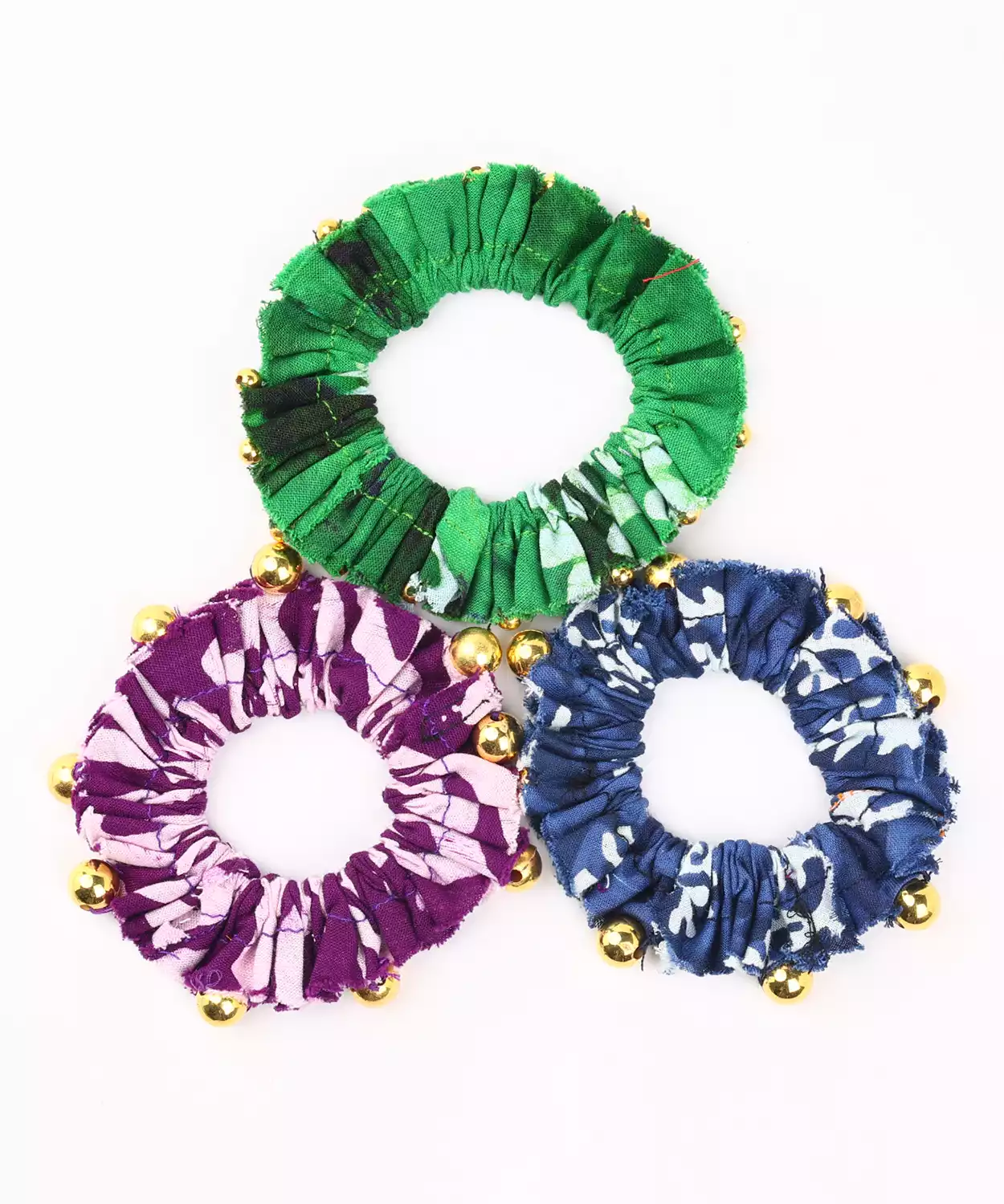 Set of 3 Scrunchies with Golden Bead for Festive -Green, Purple, Blue