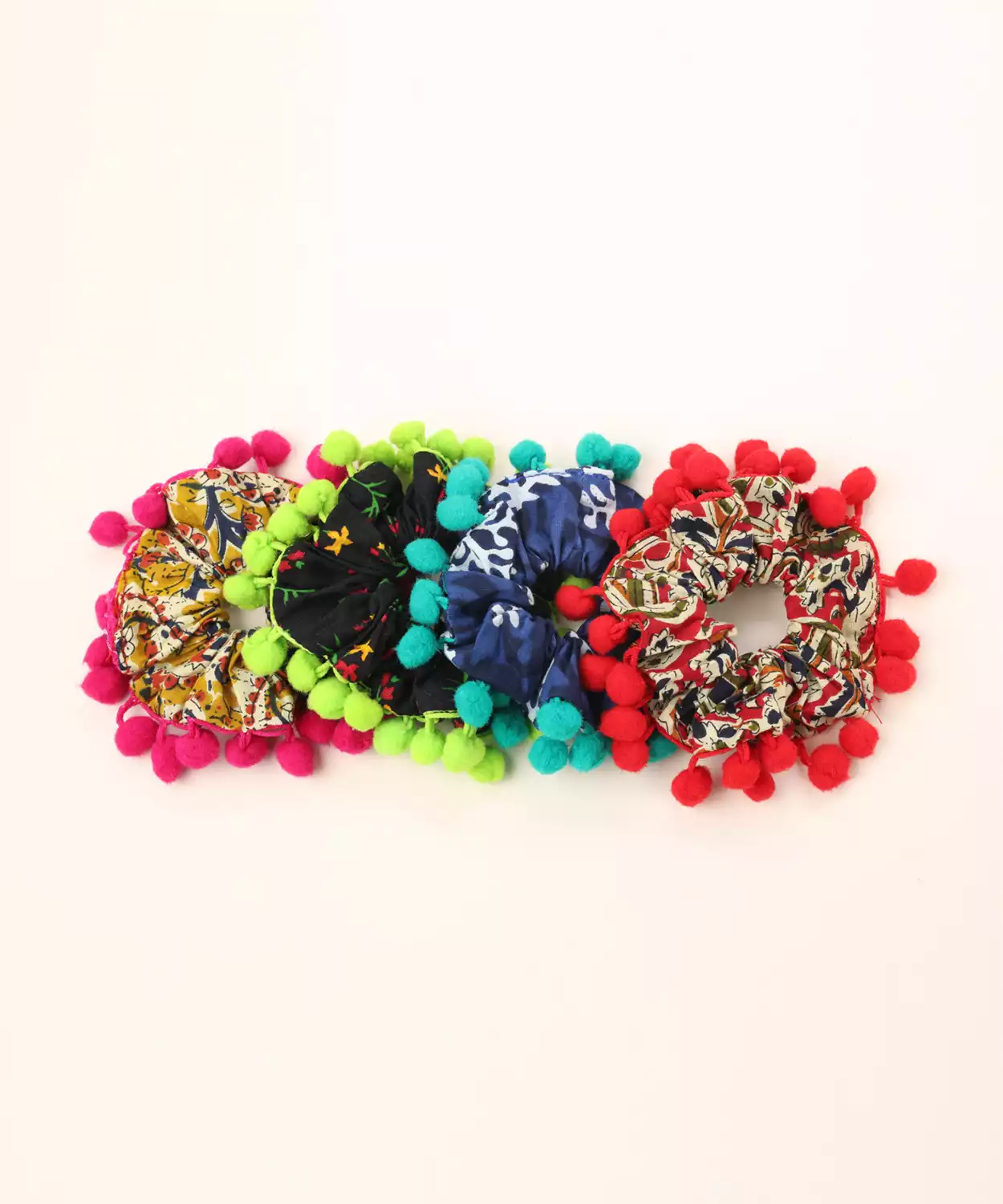4-Pack Pom Pom Ethnic Printed Scrunchies - Multicolor, Red, Blue