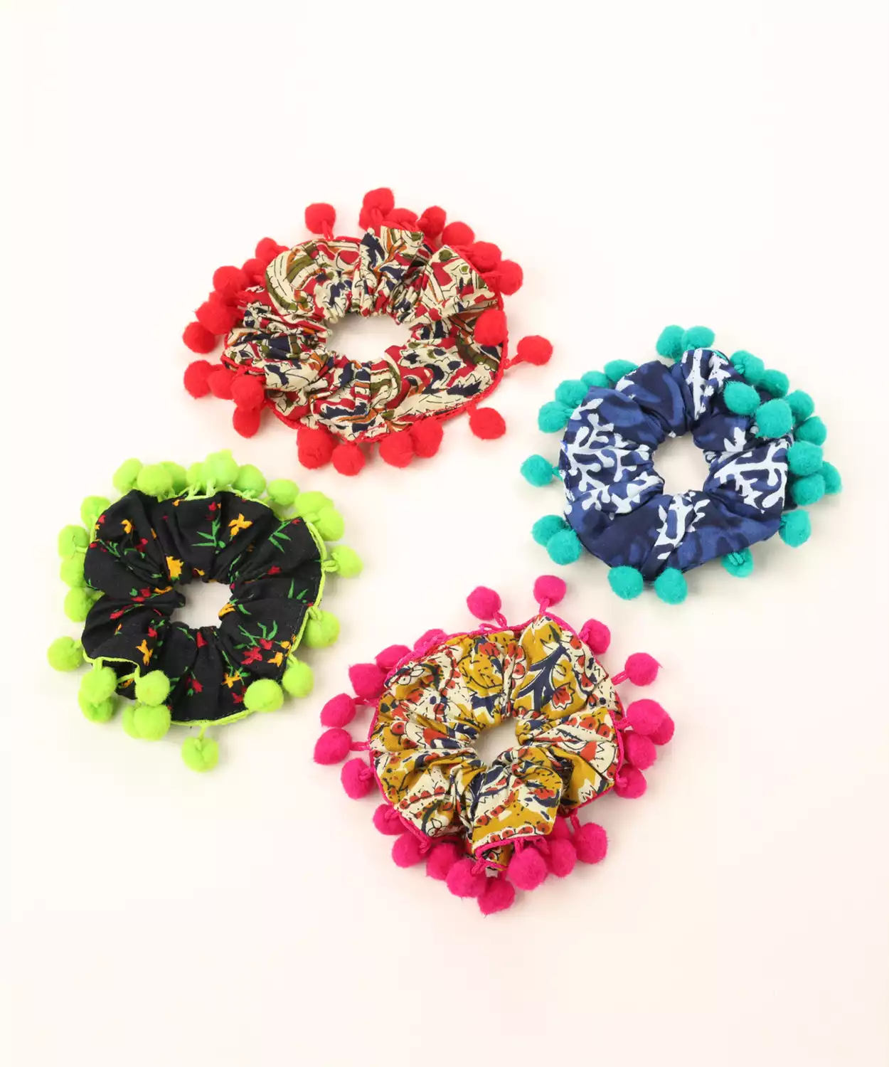 4-Pack Pom Pom Ethnic Printed Scrunchies - Multicolor, Red, Blue