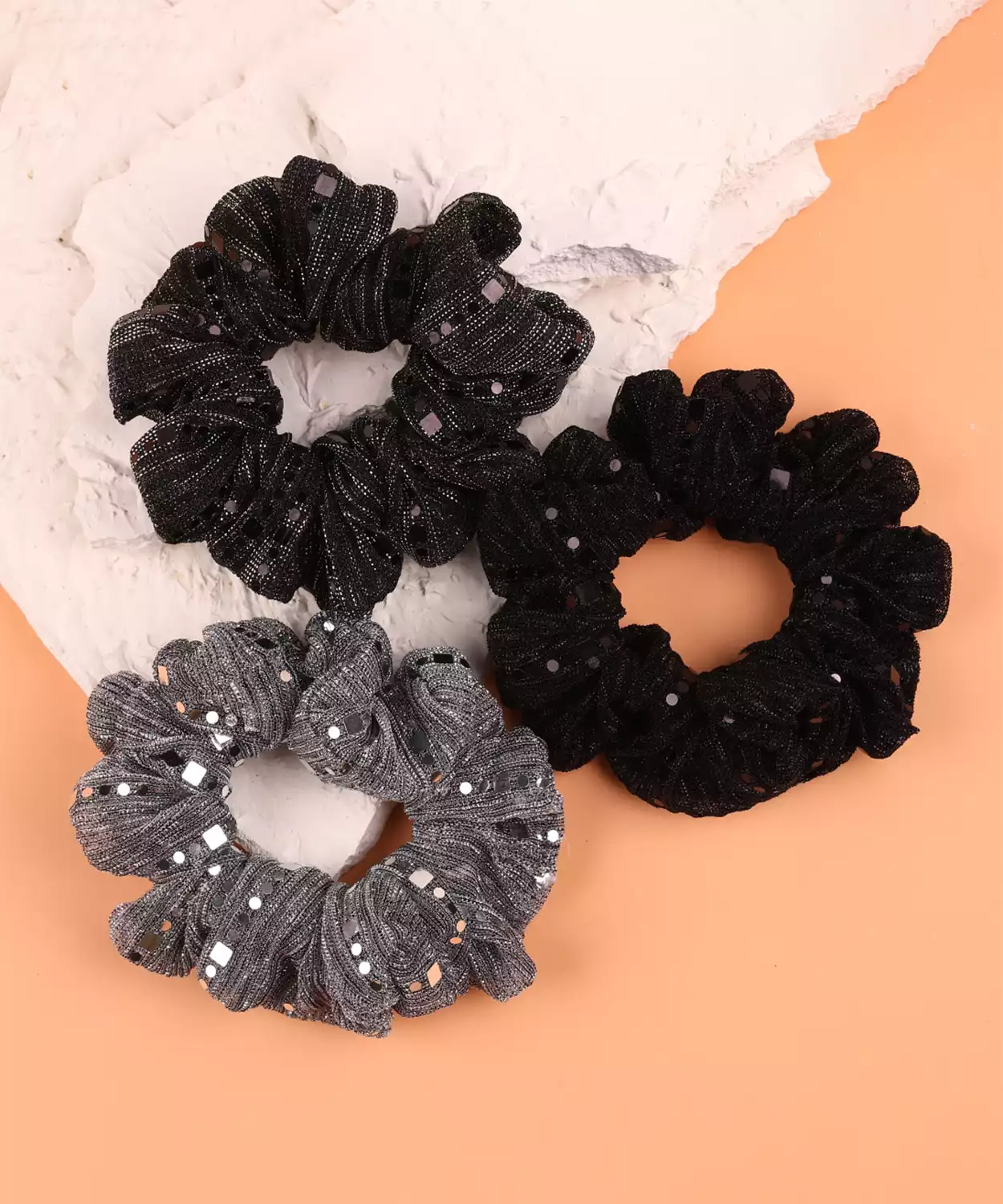 Set of 3 Glitter Scrunchies with Sequin Detailing - Black, Grey, Silver