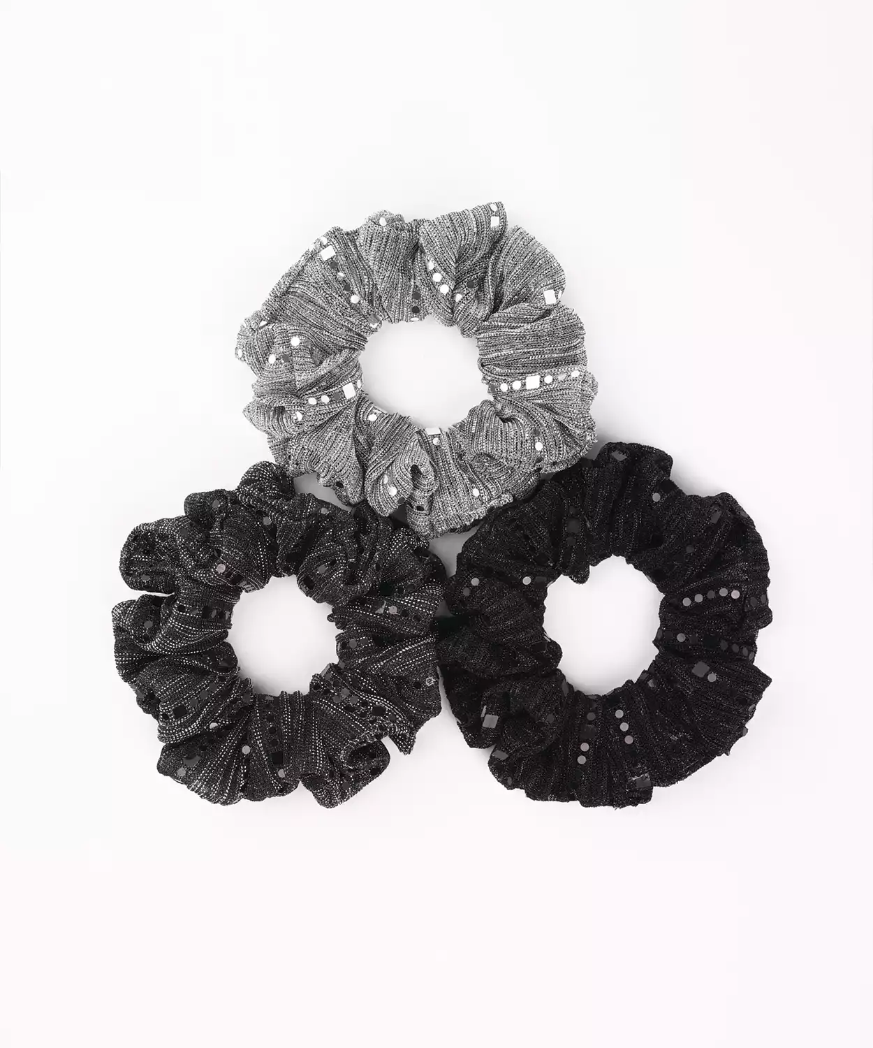 Set of 3 Glitter Scrunchies with Sequin Detailing - Black, Grey, Silver