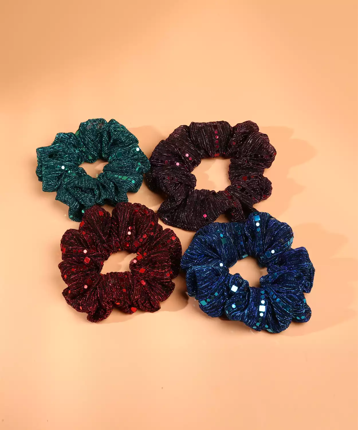 Set of 4 Glitter Scrunchies with Sequin Detailing - Red, Green, Blue