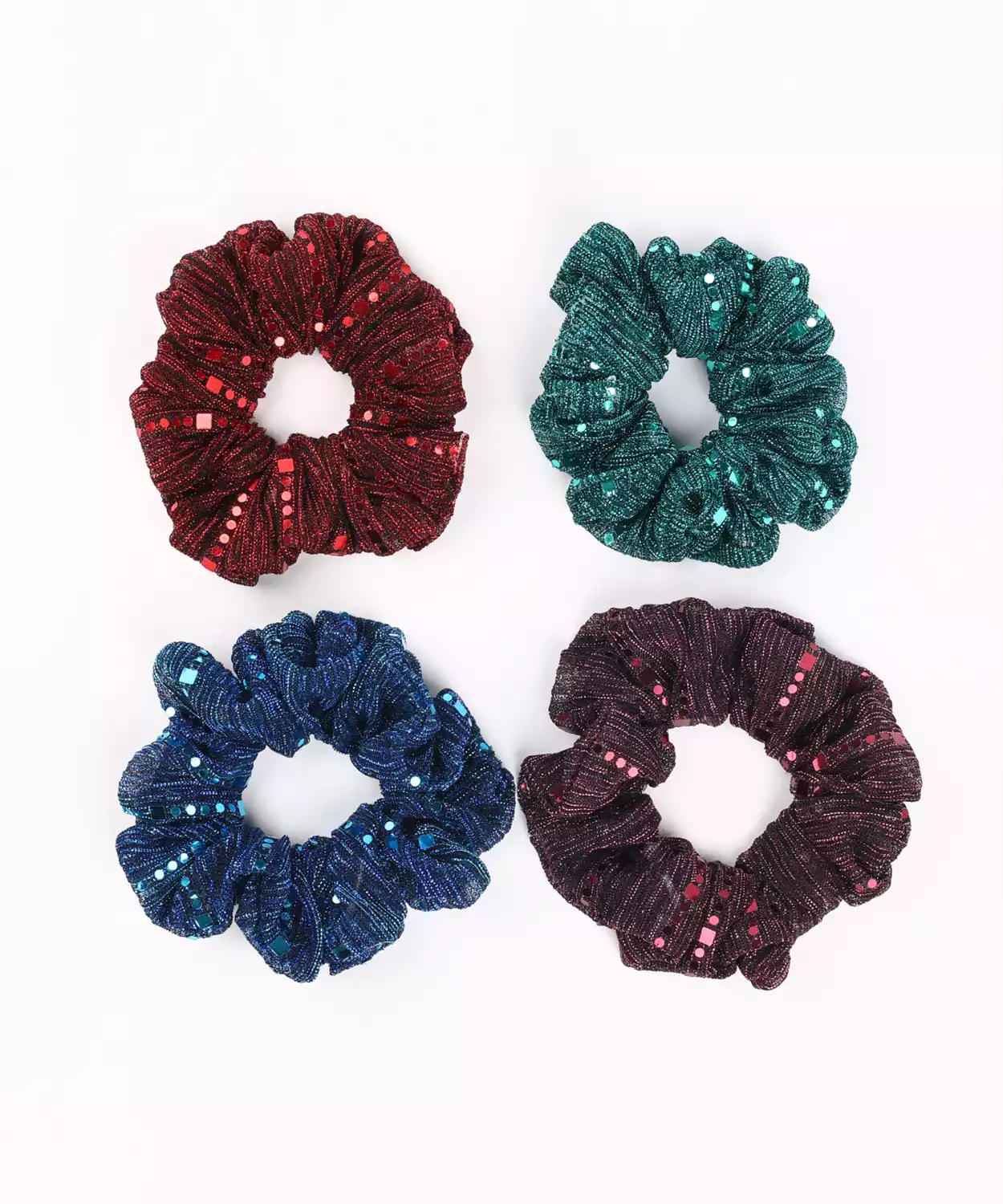 Set of 4 Glitter Scrunchies with Sequin Detailing - Red, Green, Blue
