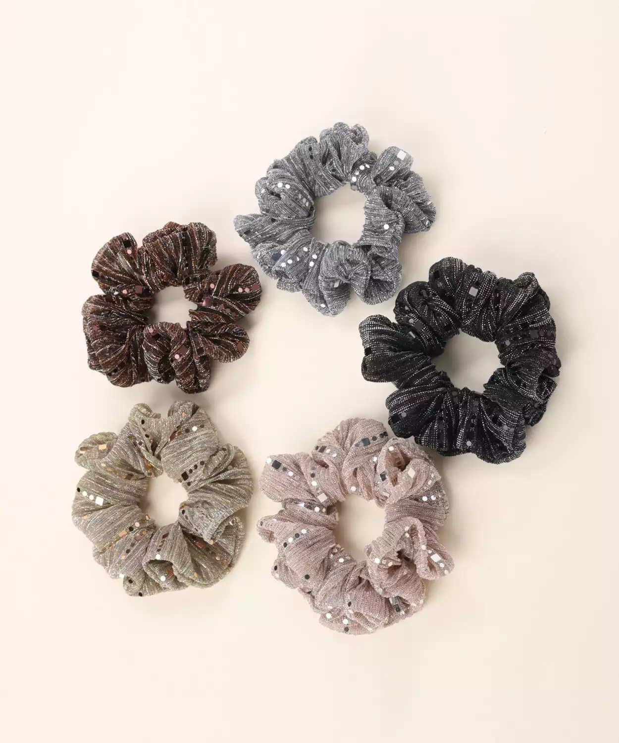 Set of 5 Shimmer Scrunchies with Sequin Detailing - Black, Grey, Brown