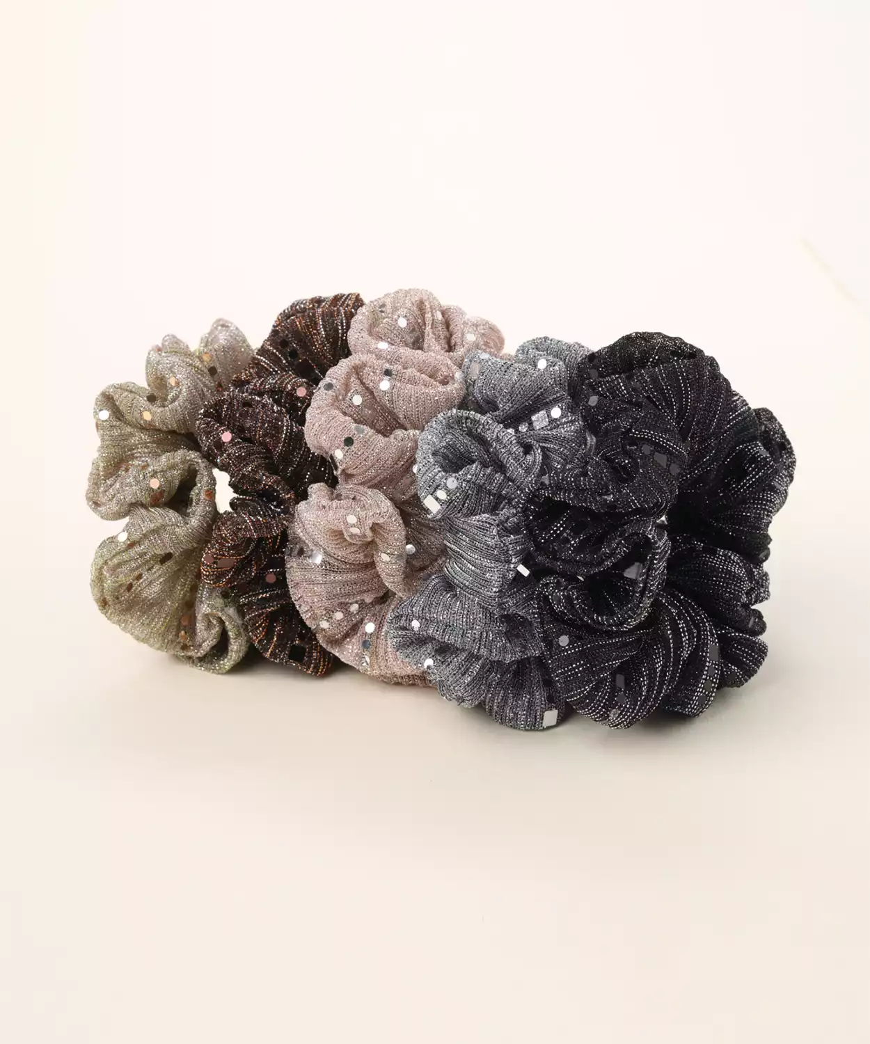 Set of 5 Shimmer Scrunchies with Sequin Detailing - Black, Grey, Brown