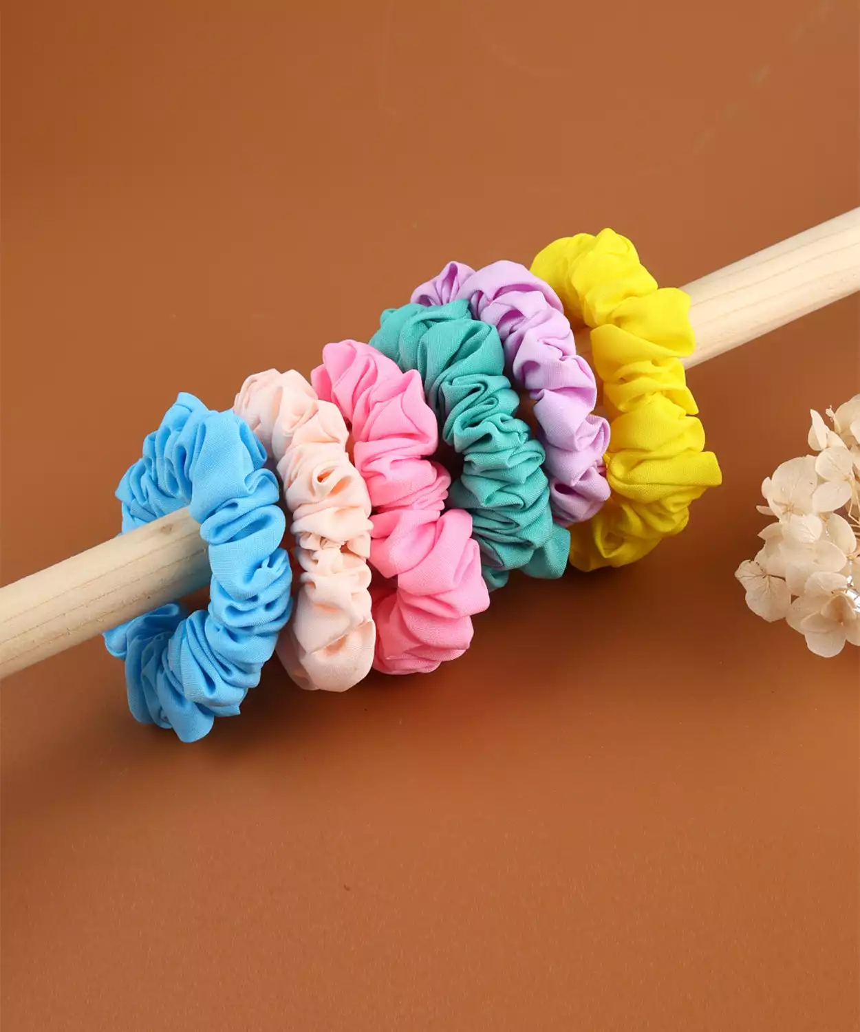 Set of 6 Solid Color Scrunchies-Soft Fabric in Pastel Shades- Yellow, Pink, Blue