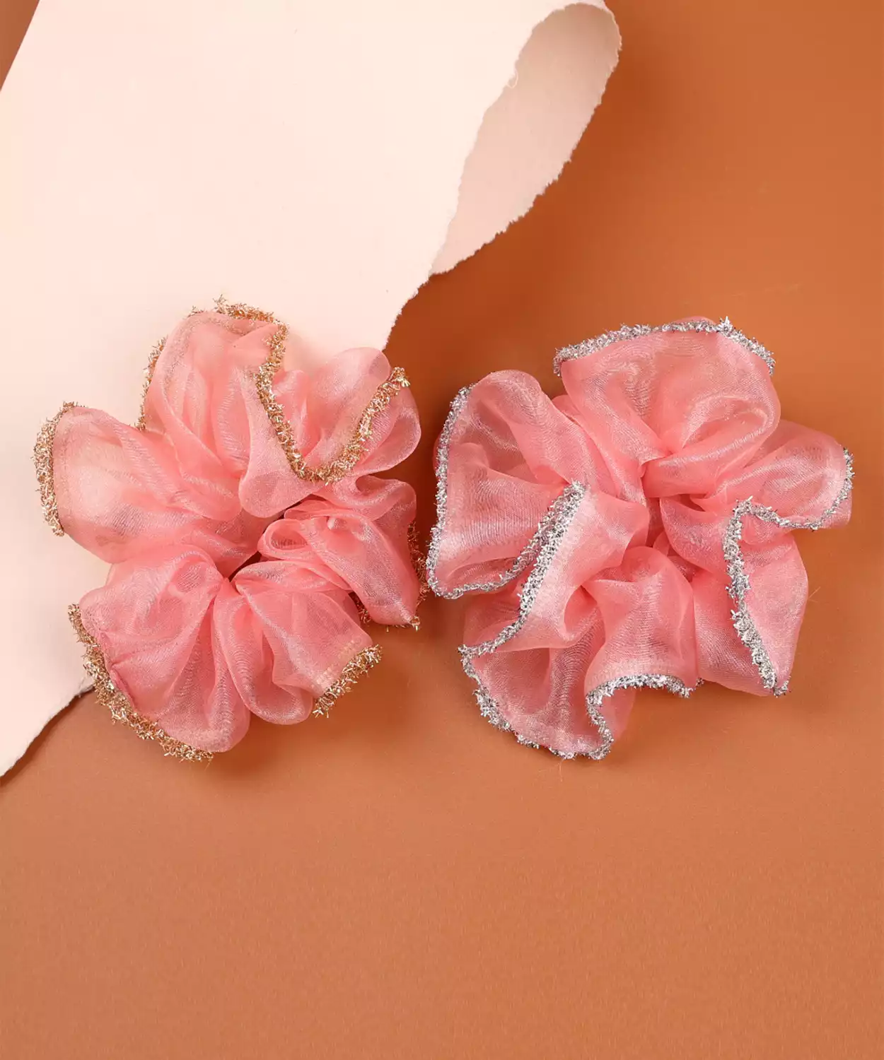 2-Pack Organza Scrunchies with Silver & Golden Shimmer Trim- Peach