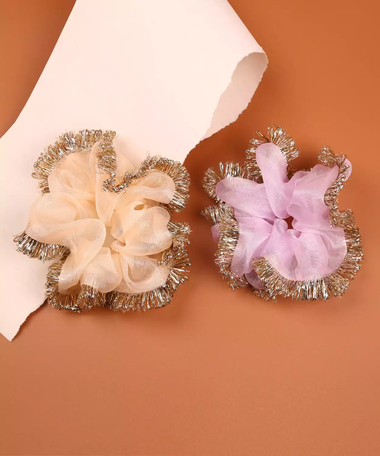 2-Pack Organza Scrunchies with Golden Fringe Trim- Pink, Orange