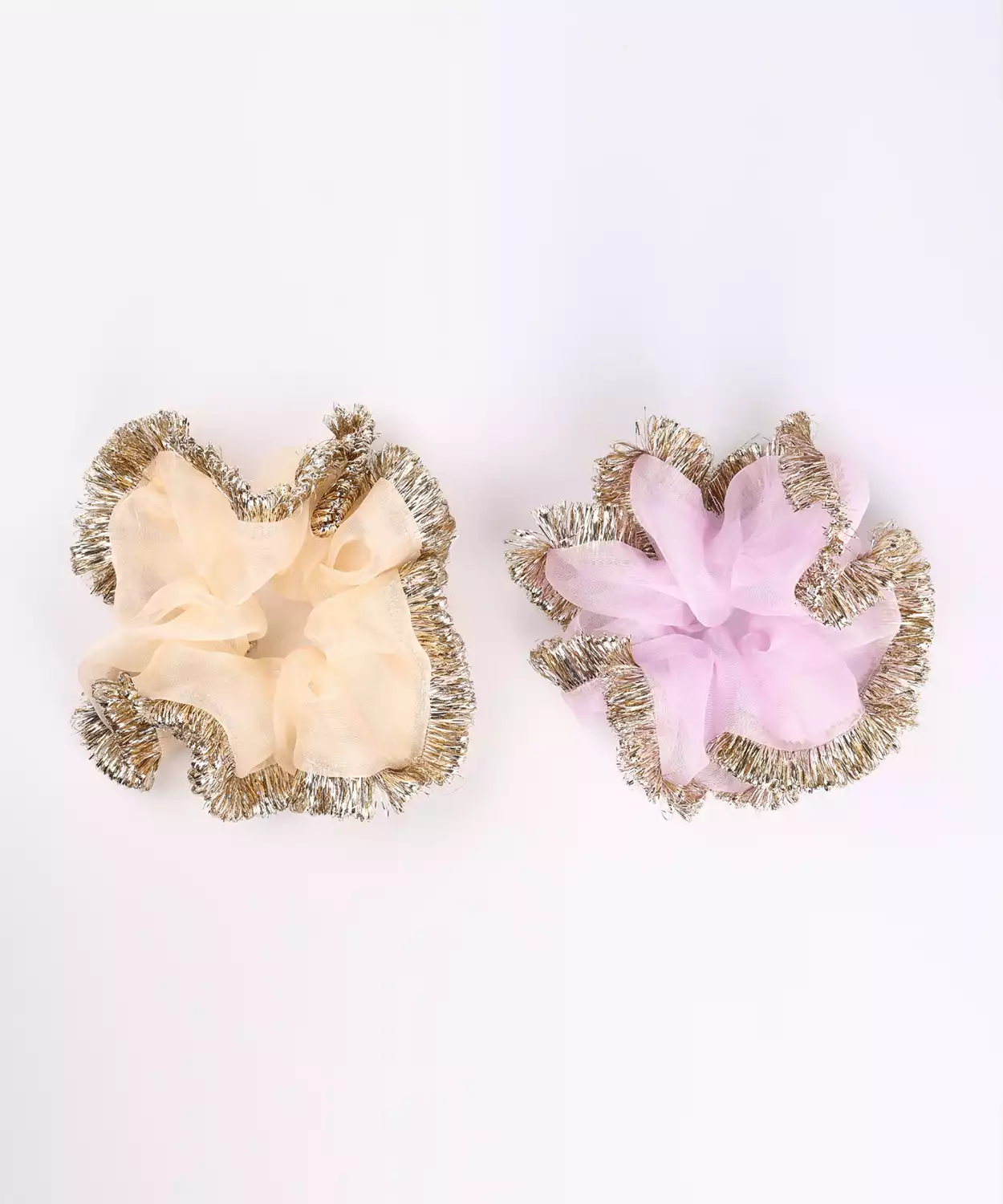 2-Pack Organza Scrunchies with Golden Fringe Trim- Pink, Orange