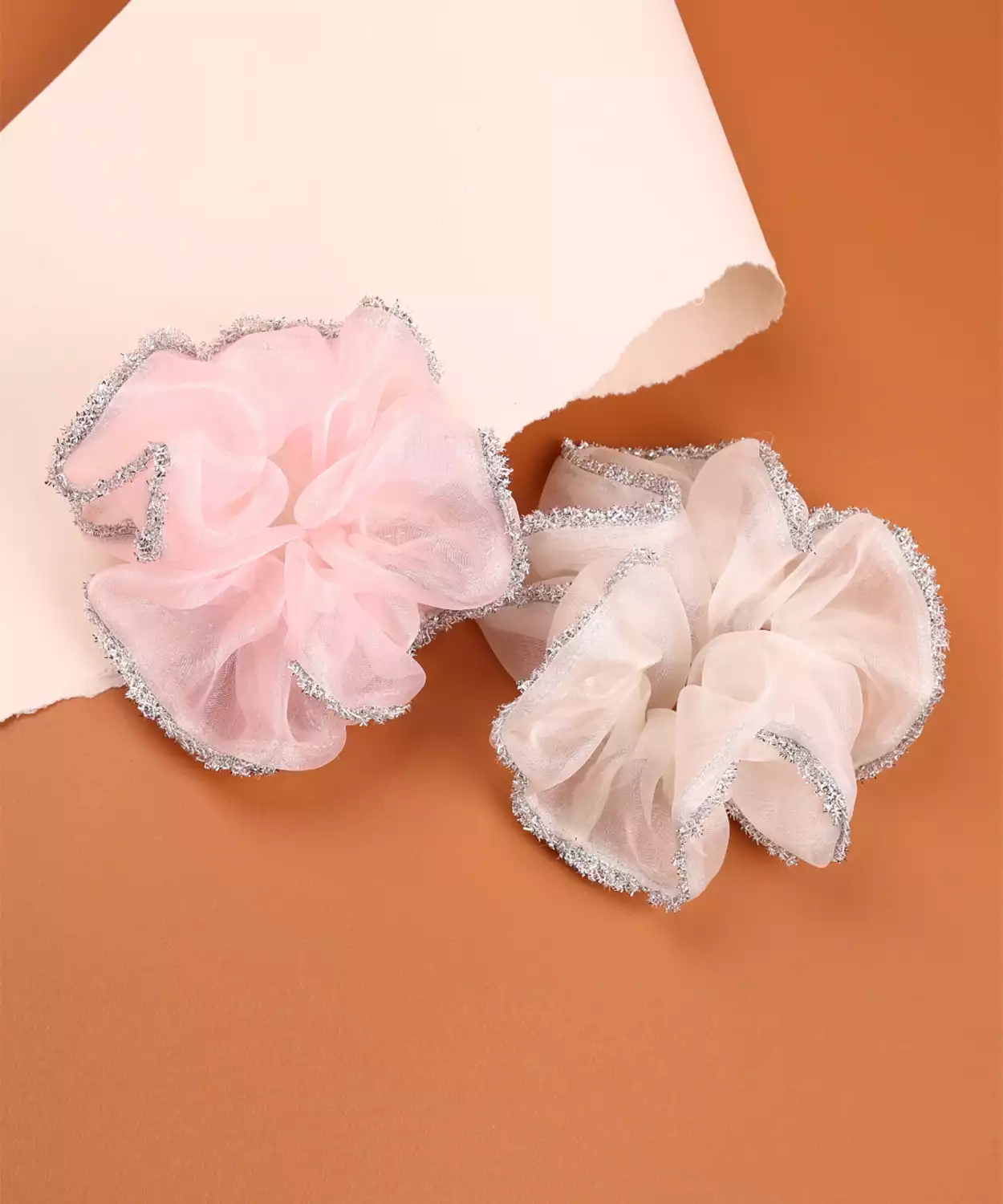 2-Pack Organza Scrunchies with Silver Shimmer Trim & Women - Peach, Off White