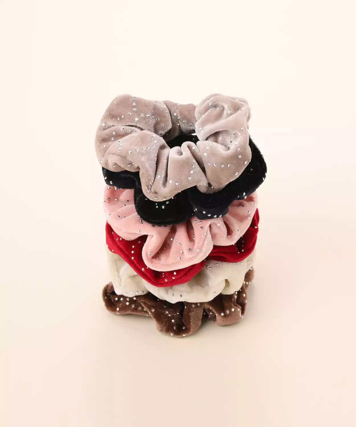 Set of 6 Velvet Scrunchies with Crystal Detailing - Red, Black, Beige