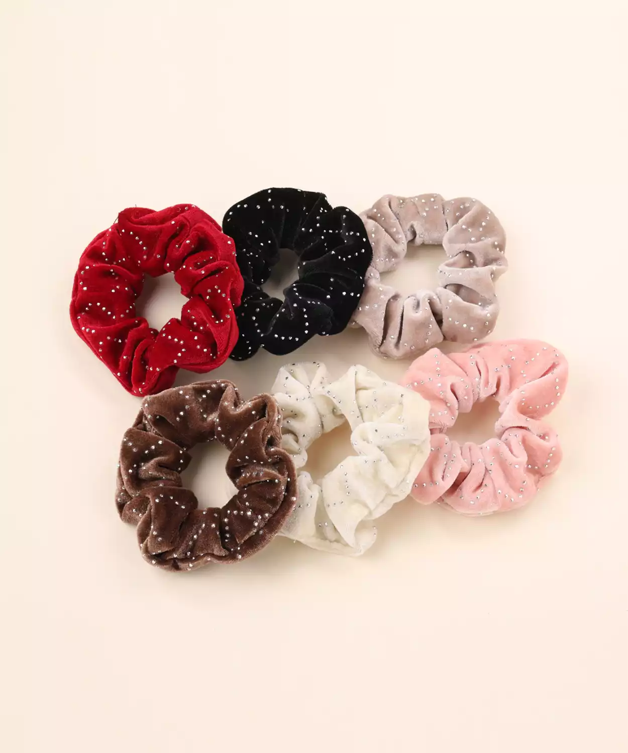 Set of 6 Velvet Scrunchies with Crystal Detailing - Red, Black, Beige