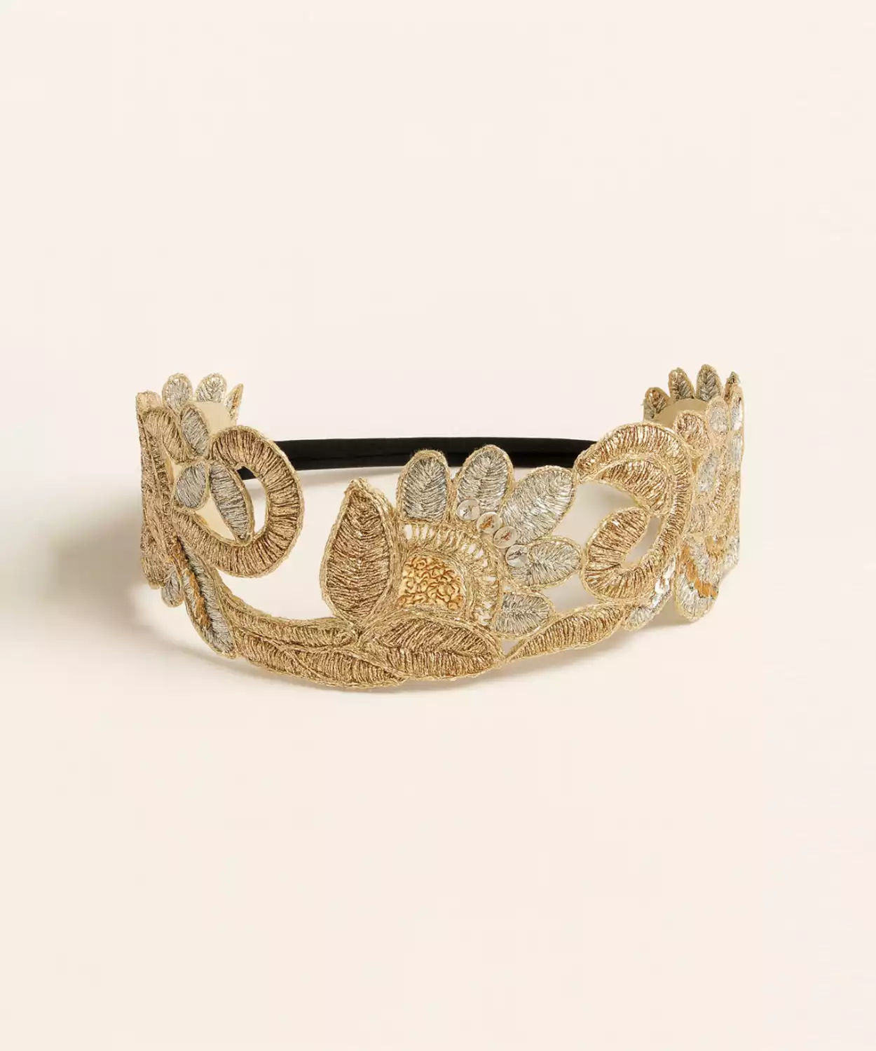 Embroidered Floral Ethnic Lace Headband with Silver Accents, Elegant -Golden, Black