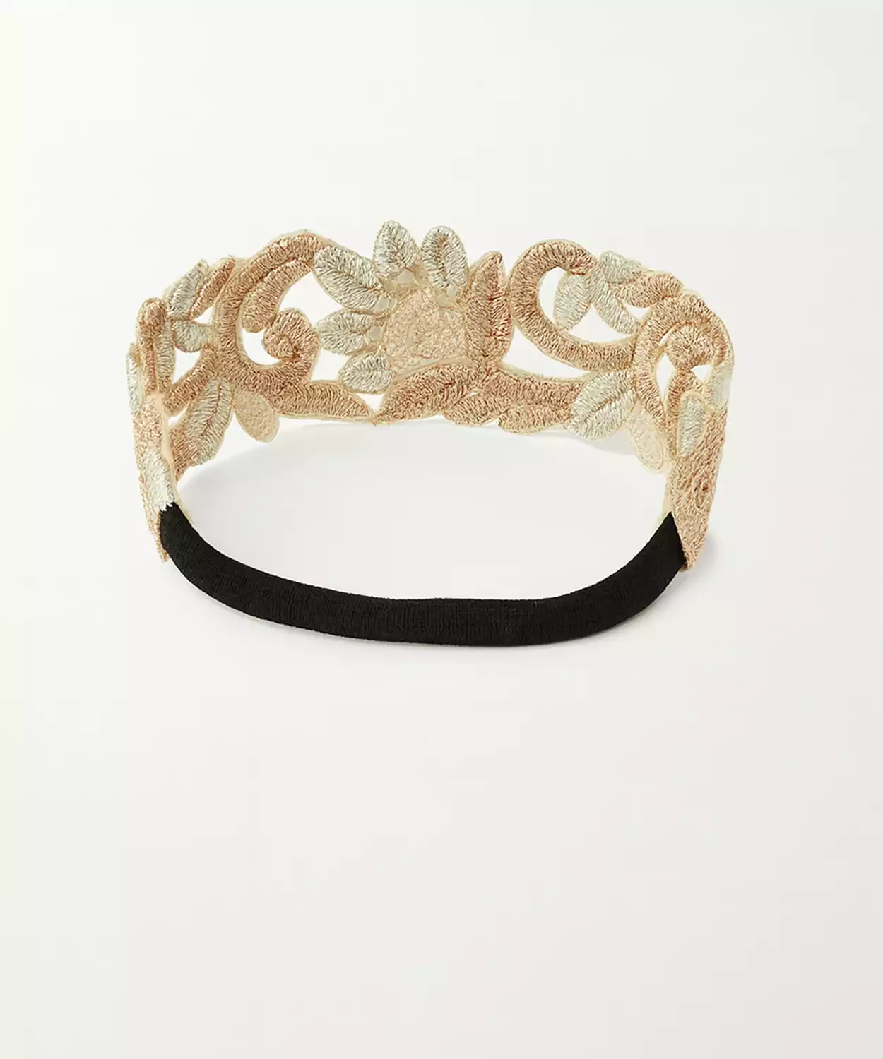 Embroidered Floral Ethnic Lace Headband with Silver Accents, Elegant -Golden, Black